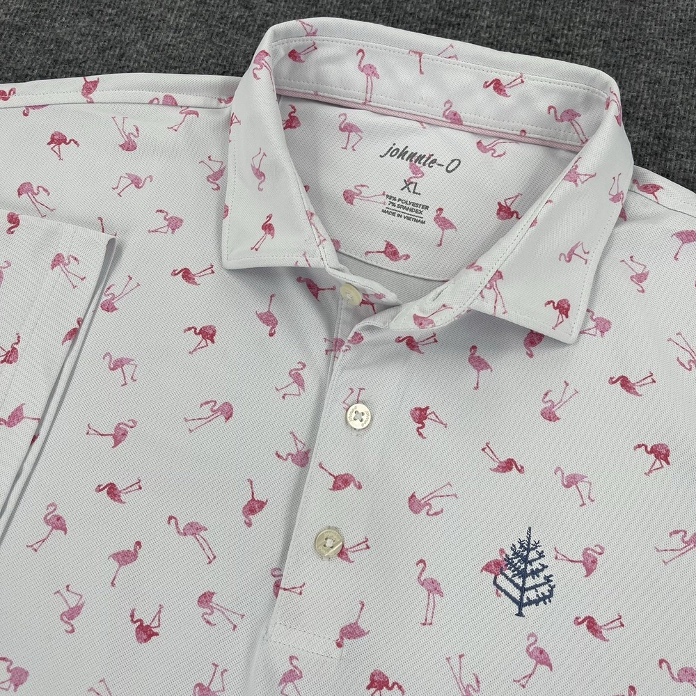 Johnnie-O Polo Shirt Mens XL White Pink Flamingo Print Performance Golf